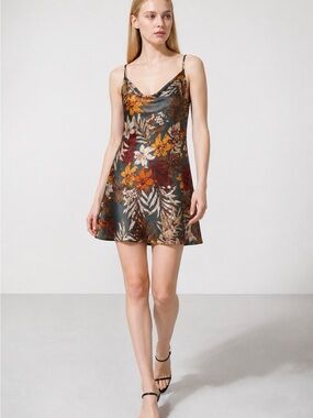 SHEIN Olive Floral Slip Mini Dress with Rust and Cream Blooms